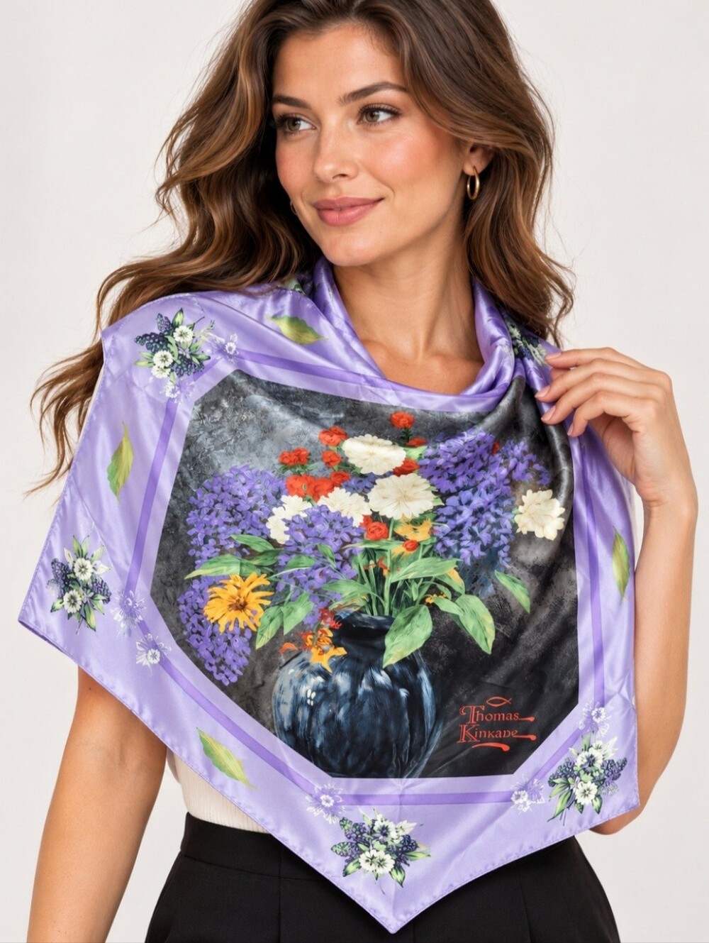 Thomas Kinkade 100% Silk Floral Art Scarf 34x34 Lavender Square